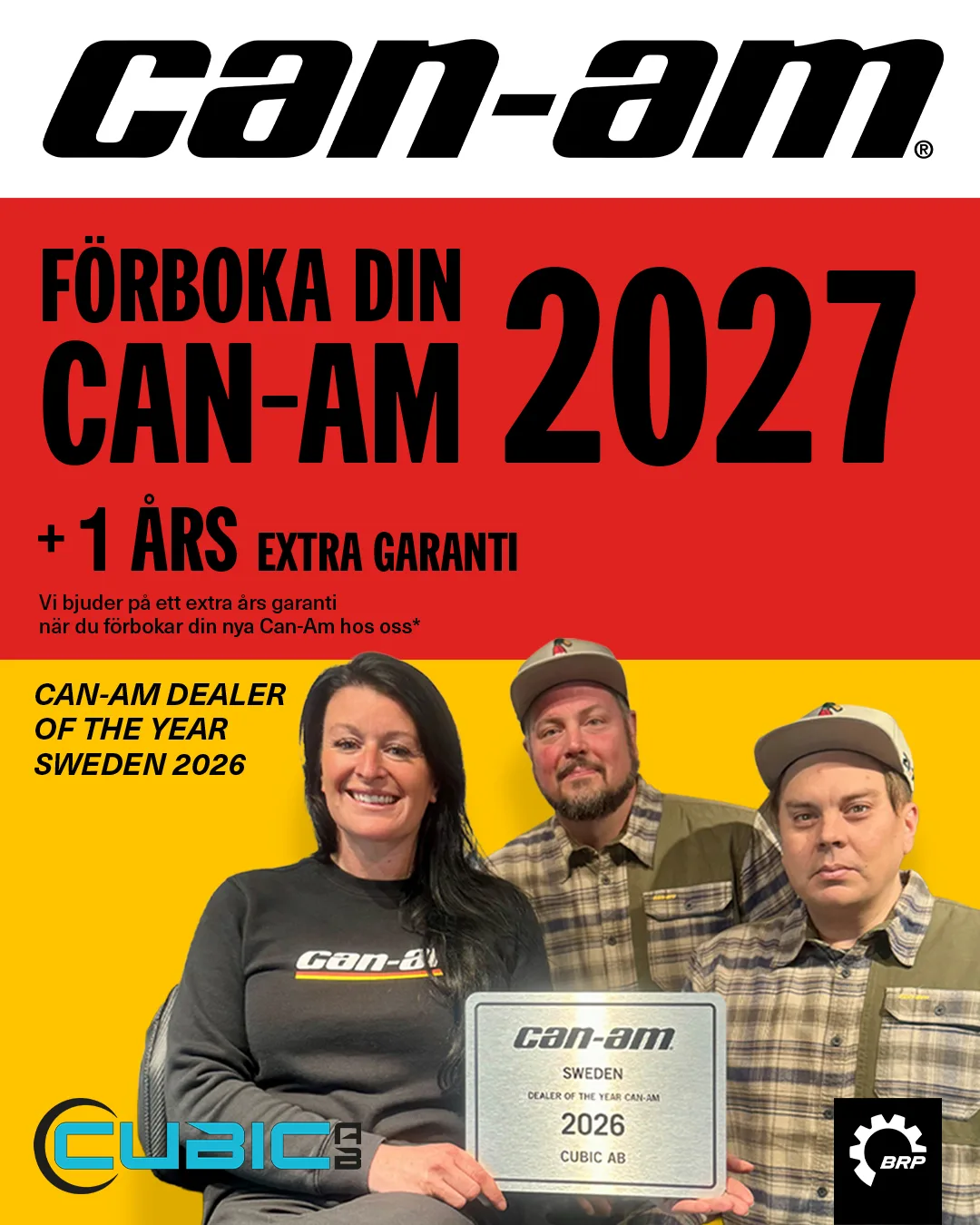 Can-Am-kampanjbild för 2027 med texten Förboka din Can-Am 2027 och 1 års extra garanti.