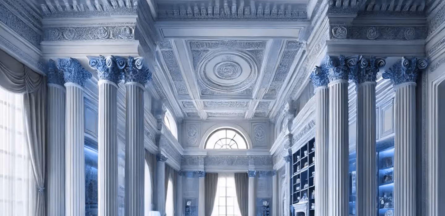 Luxurious interior of a room with tall white columns topped with blue ornate Corinthian capitals under a detailed coffered ceiling and large arched windows with beige curtains.