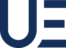 Stylized letters U and E merged in dark blue.