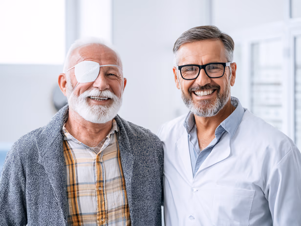 Senior man with eye patch and doctor smiling together in a bright medical office.