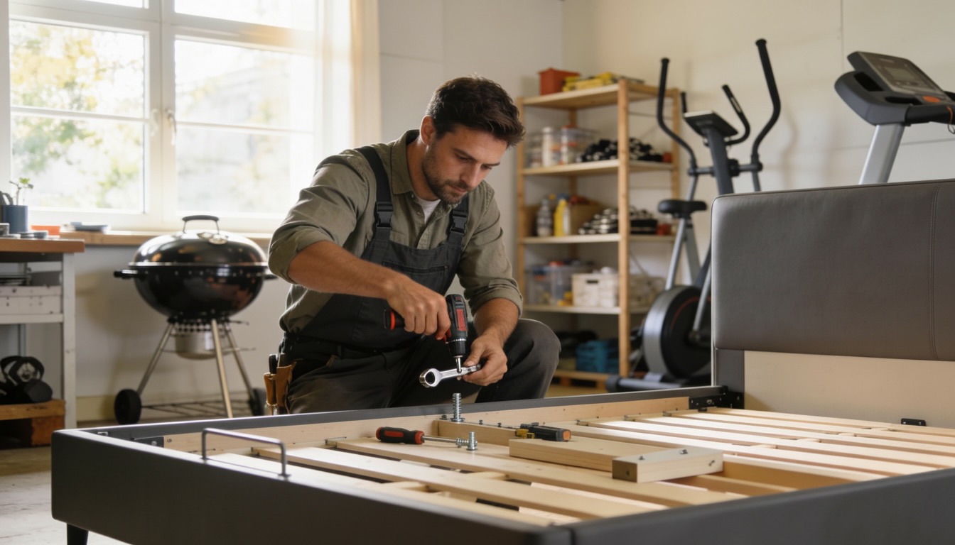 Man assembling a wooden bed frame using a power drill in a well-lit room with exercise equipment and a grill in the background.