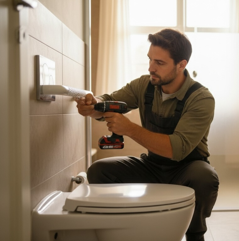 Man using a cordless drill to install or repair a flush toilet wall panel inside a bathroom.