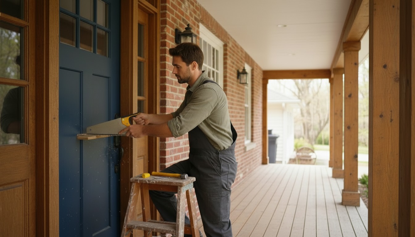 Man in work overalls using a hand saw on a piece of wood held against a blue door on a porch.