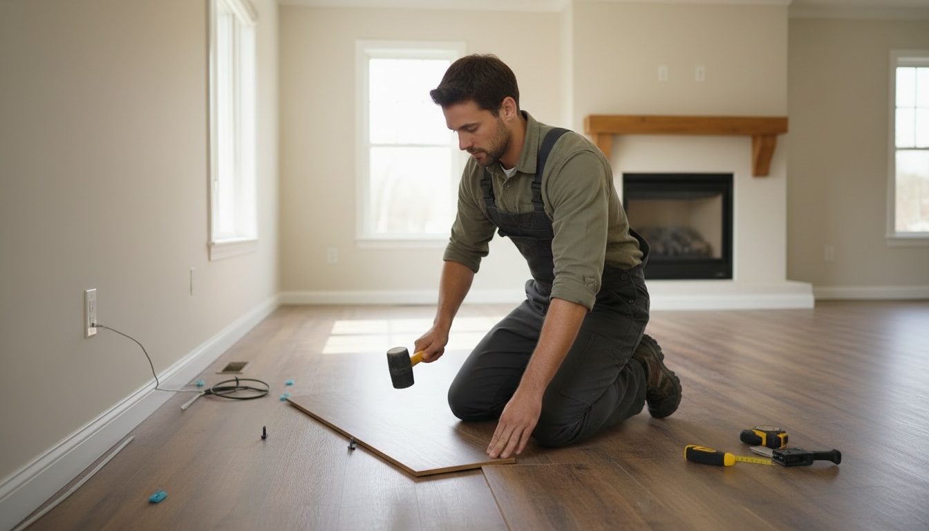 Man kneeling on brown hardwood floor installing a floorboard using a mallet in a bright empty room with a fireplace and windows.