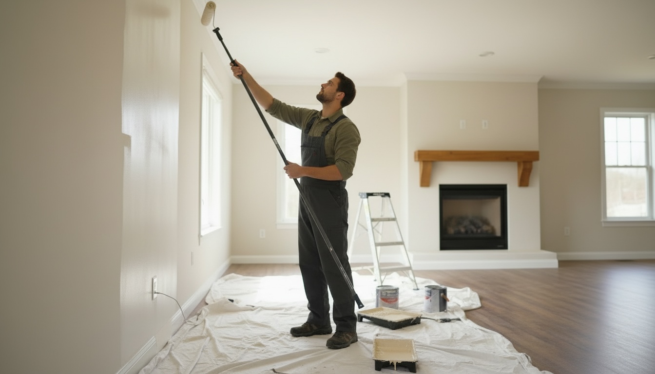 Man painting a beige wall using a roller attached to an extension pole in a bright room with wooden floor and a fireplace.