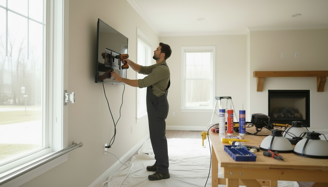 Man installing a flat-screen TV on a beige living room wall using a power drill.