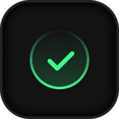 Green checkmark inside a glowing circle on a rounded black square background.