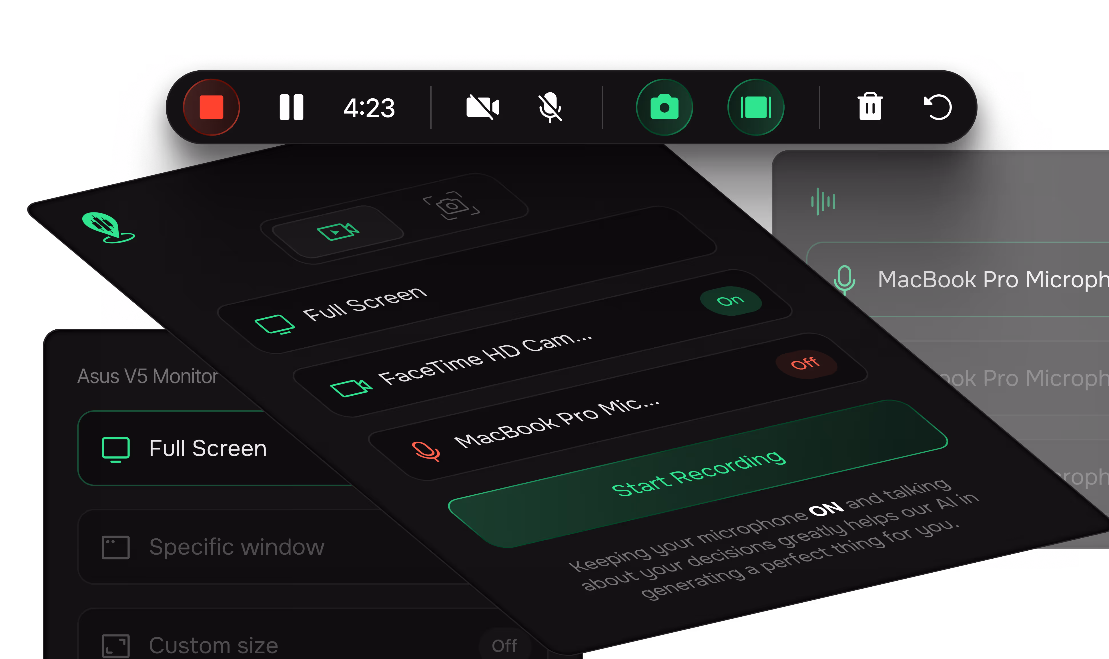 Screen recording software interface showing recording controls with microphone and camera settings, including options to start recording and toggle Full Screen and FaceTime HD Camera.