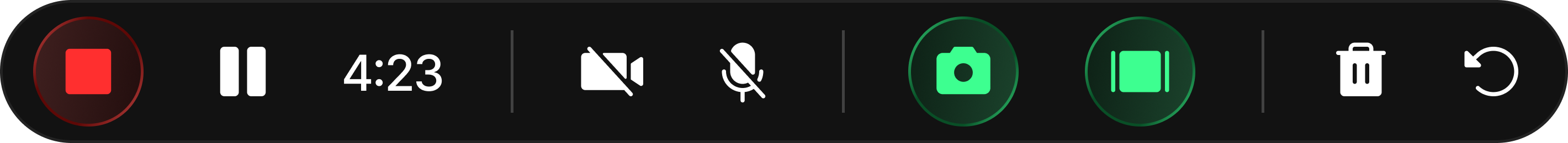 Screen recording control bar showing stop, pause, muted video and microphone icons, timer at 4:23, camera and screen share buttons, delete and undo icons.