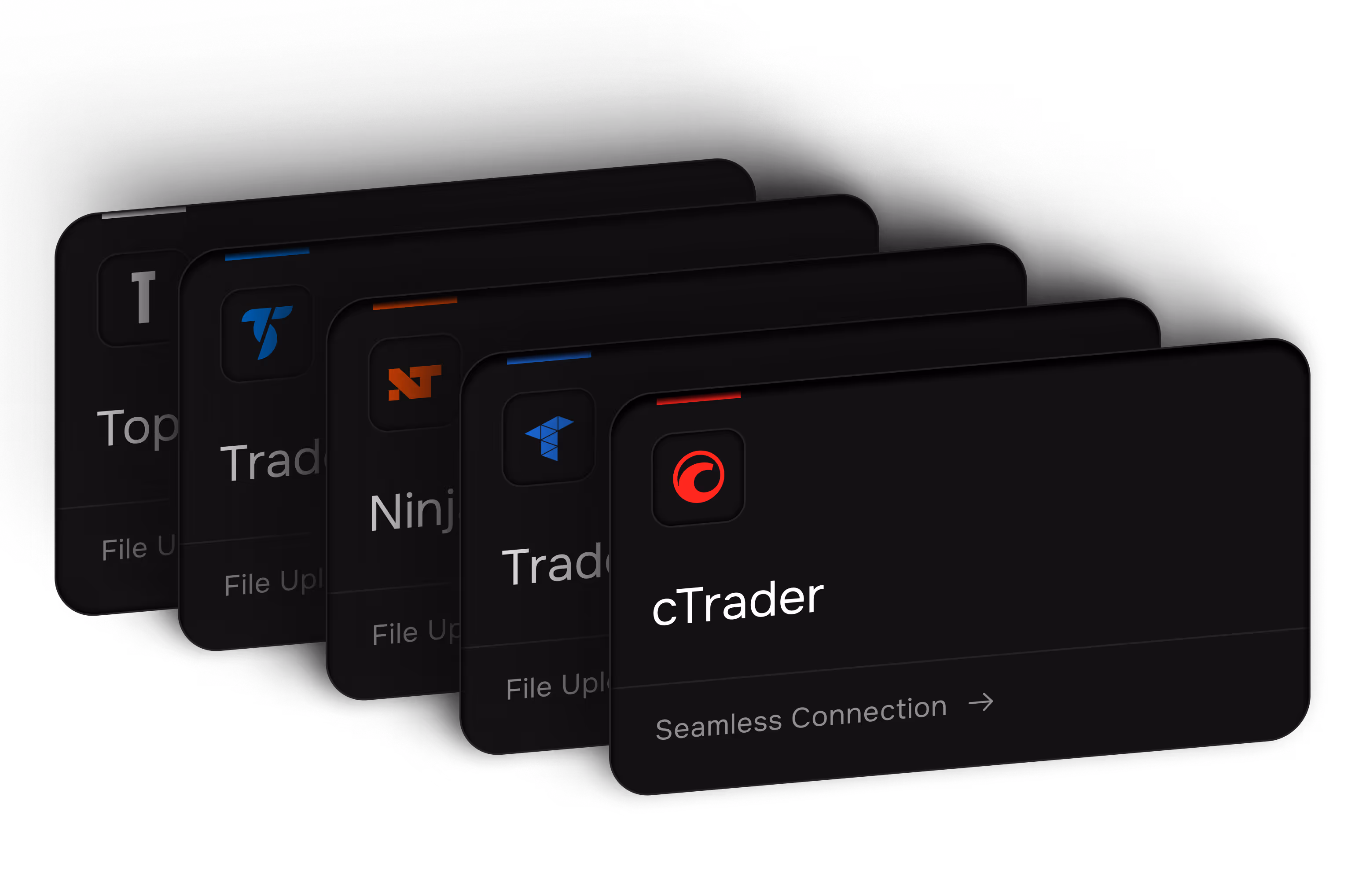 Stacked user interface cards showing trading platform options including cTrader, Tradestation, NinjaTrader, Tradovate, and Topstep with their icons and 'File Upload' text.
