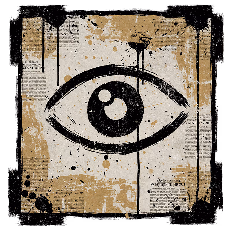 Abstract grunge-style illustration of a black eye with paint splatters and newspaper text background.
