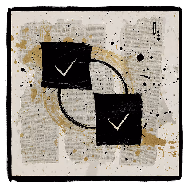 Abstract artwork of two black squares with white check marks connected by a circle, overlaid on torn newspaper pages with gold and black paint splatters.