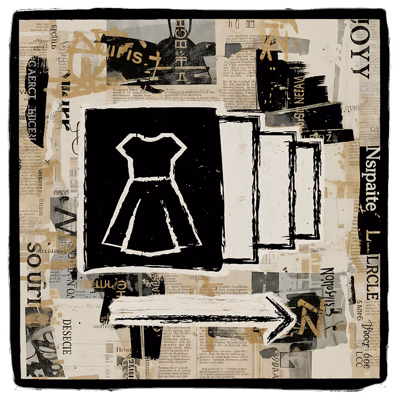 Illustration of a dress icon on a black square with layered white squares and a right-pointing arrow on a collage background of newspaper clippings.
