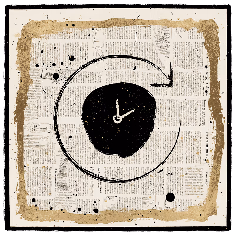 Abstract clock with black circular face and arrow forming a clockwise loop on a newspaper-textured background with gold edges.