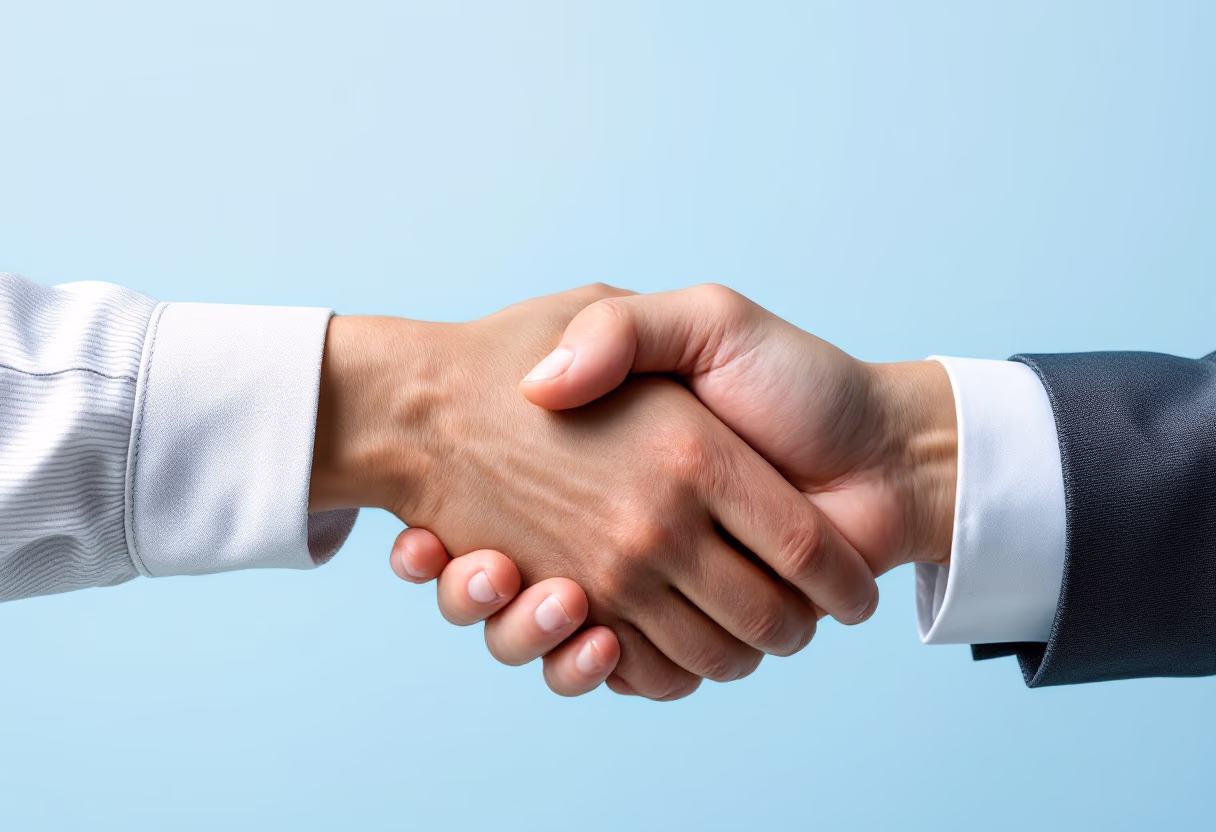 image of handshake over a financial report