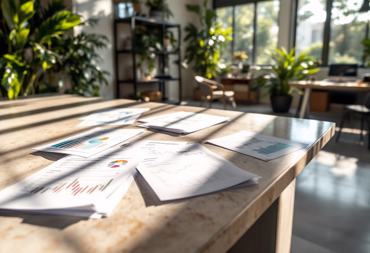 image of a modern office space with analytics reports