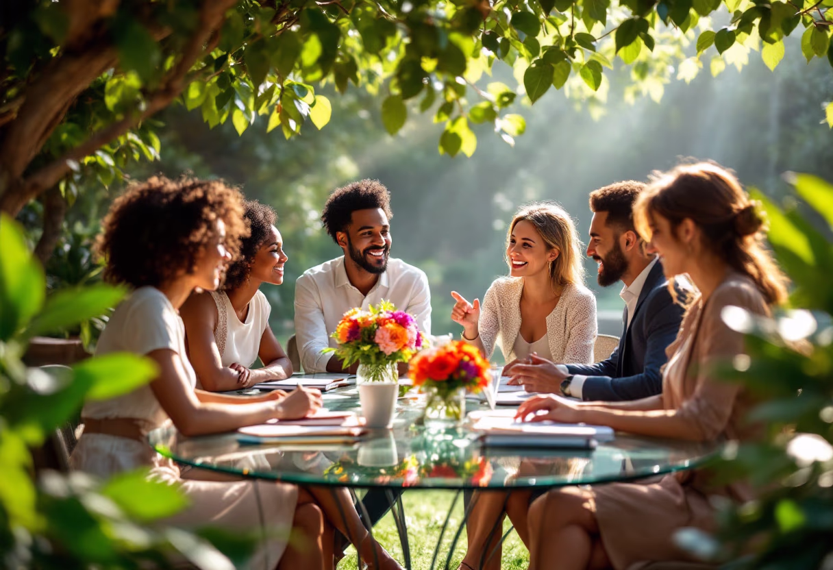 event management team brainstorming at outdoor garden space
