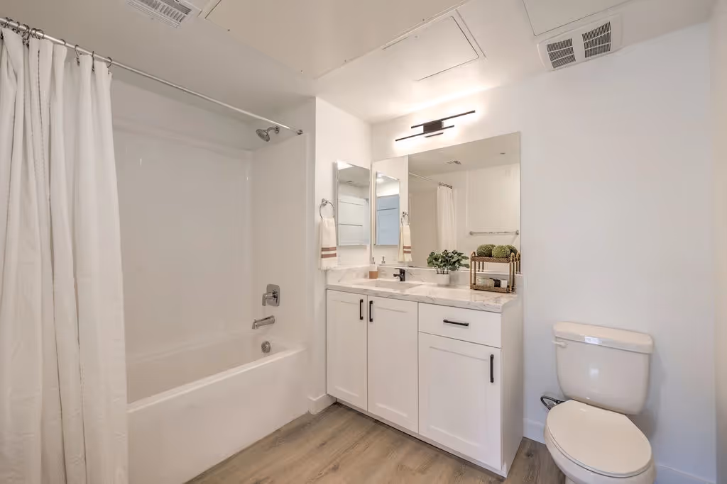 bathroom with white cabinets