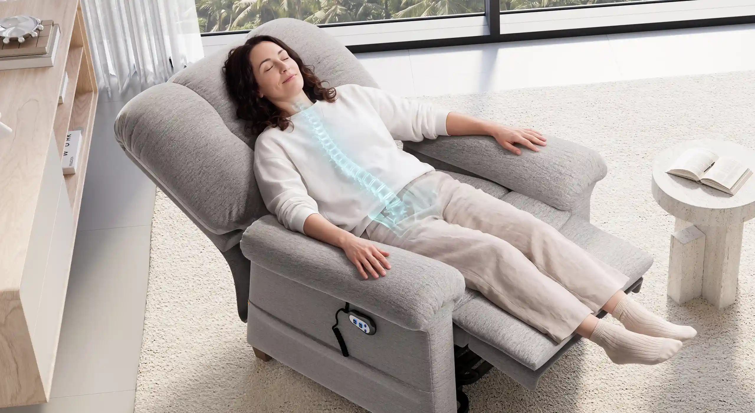 Persona en posición elevada en Butaca Ortopédica Comfort Chair, representando alivio de flebitis