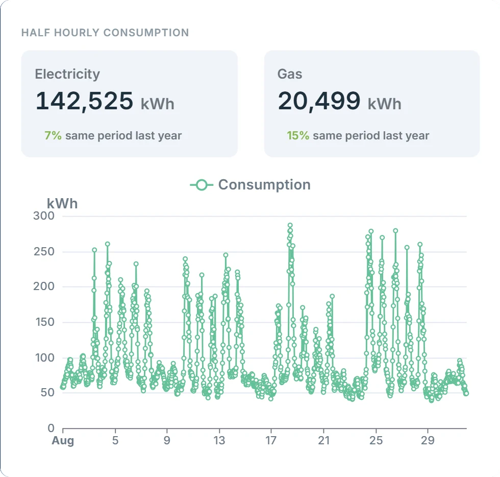 Etainabl dashboard showing half-hourly electricity consumption