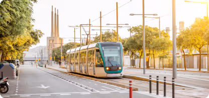 Tramway vert roulant sur des rails en ville au coucher du soleil avec arbres et bâtiments en arrière-plan.