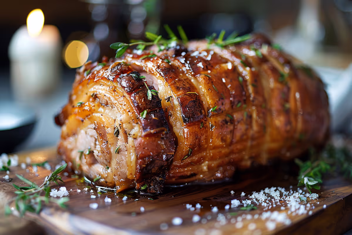 Roasted rolled pork belly with crispy skin garnished with fresh rosemary and coarse salt on a wooden cutting board.