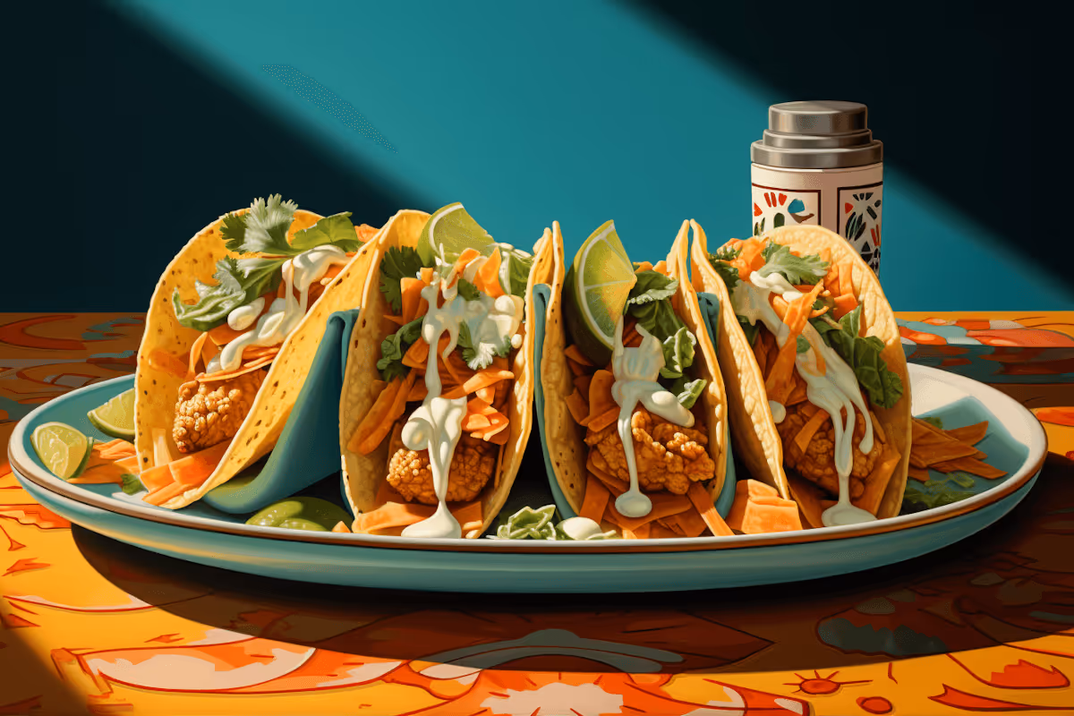 Four fish tacos with lime wedges, cilantro, shredded carrots, and a drizzle of white sauce on a blue plate with a spice shaker in the background.