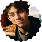 Young person with dark curly hair smiling and holding a slice of pizza near their mouth.