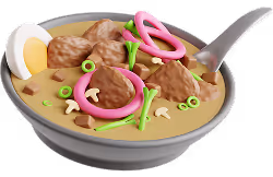 Bowl of creamy soup with meatballs, sliced boiled egg, pink onion rings, and green garnish with a spoon.