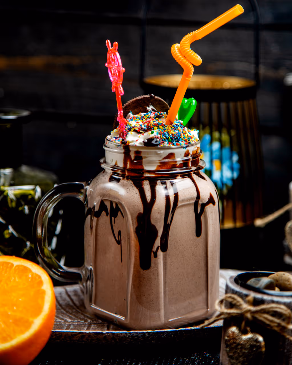 Chocolate milkshake in a glass jar topped with whipped cream, chocolate drizzle, colorful sprinkles, and an Oreo cookie, with two decorative straws.