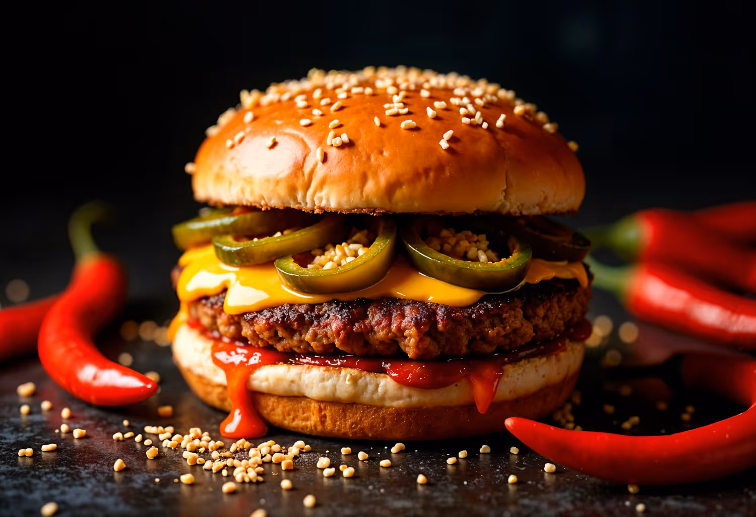 Spicy cheeseburger with jalapeño slices, melted cheddar, and red chili sauce on a sesame seed bun surrounded by red chili peppers.