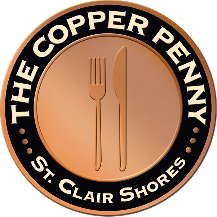 Circular logo with a fork and knife in the center, encircled by the text 'THE COPPER PENNY' on top and 'St. Clair Shores' at the bottom.