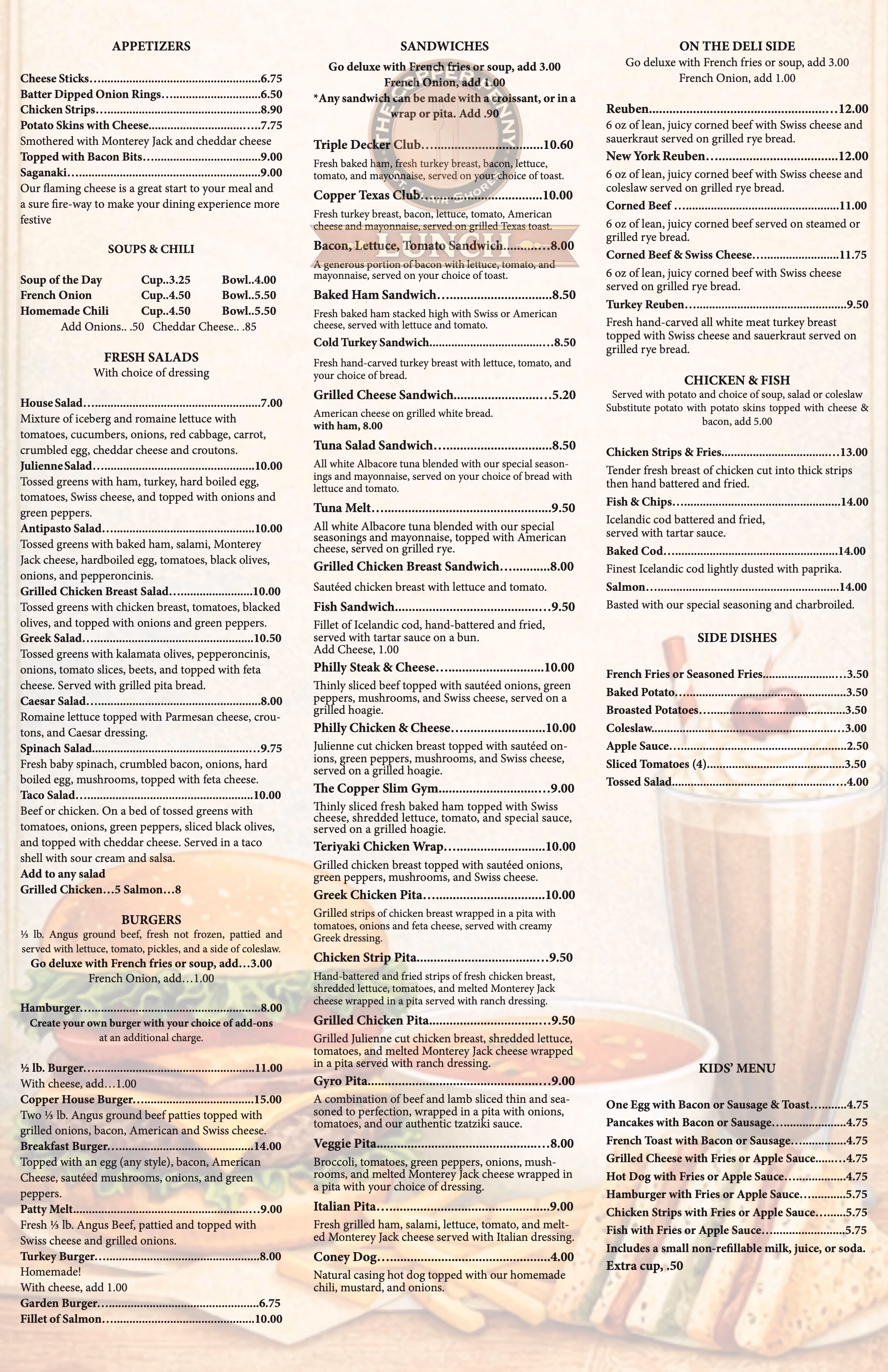 Copper Penny breakfast menu featuring eggs, omelettes, pancakes, sandwiches, sides, and beverages with prices.