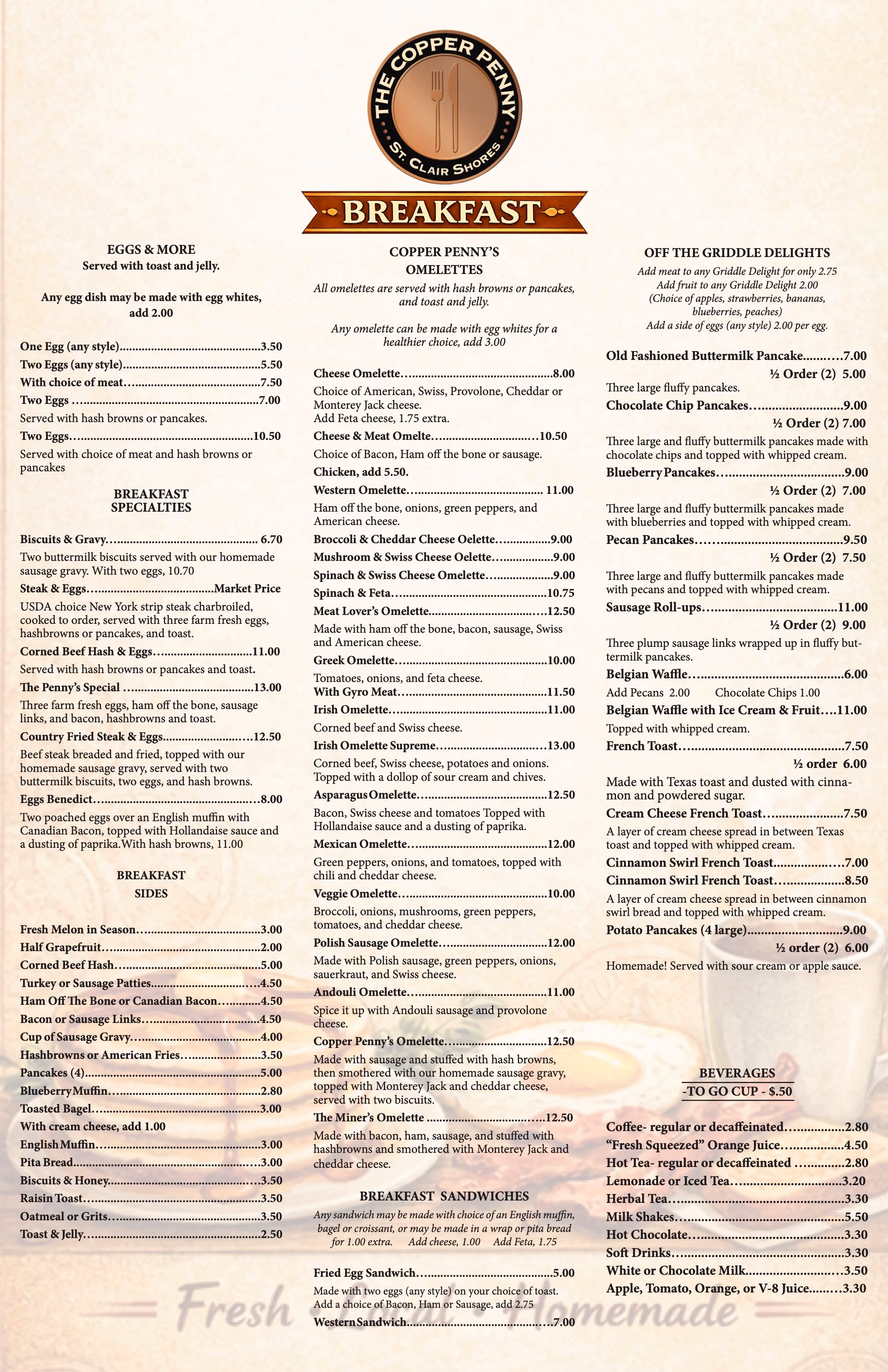 Copper Penny breakfast menu featuring eggs, omelettes, pancakes, sandwiches, sides, and beverages with prices.