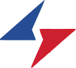 Logo with two stylized lightning bolts, one blue pointing up-left and one red pointing down-right.