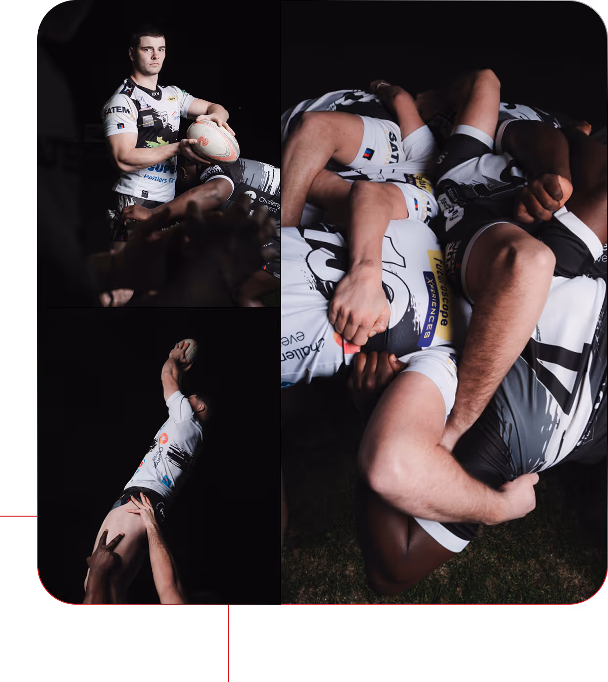 Collage of rugby players in white and black uniforms, including a player holding a ball, a lineout jump, and a scrum.