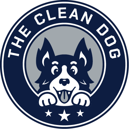 Circular image with a dog in the middle. 