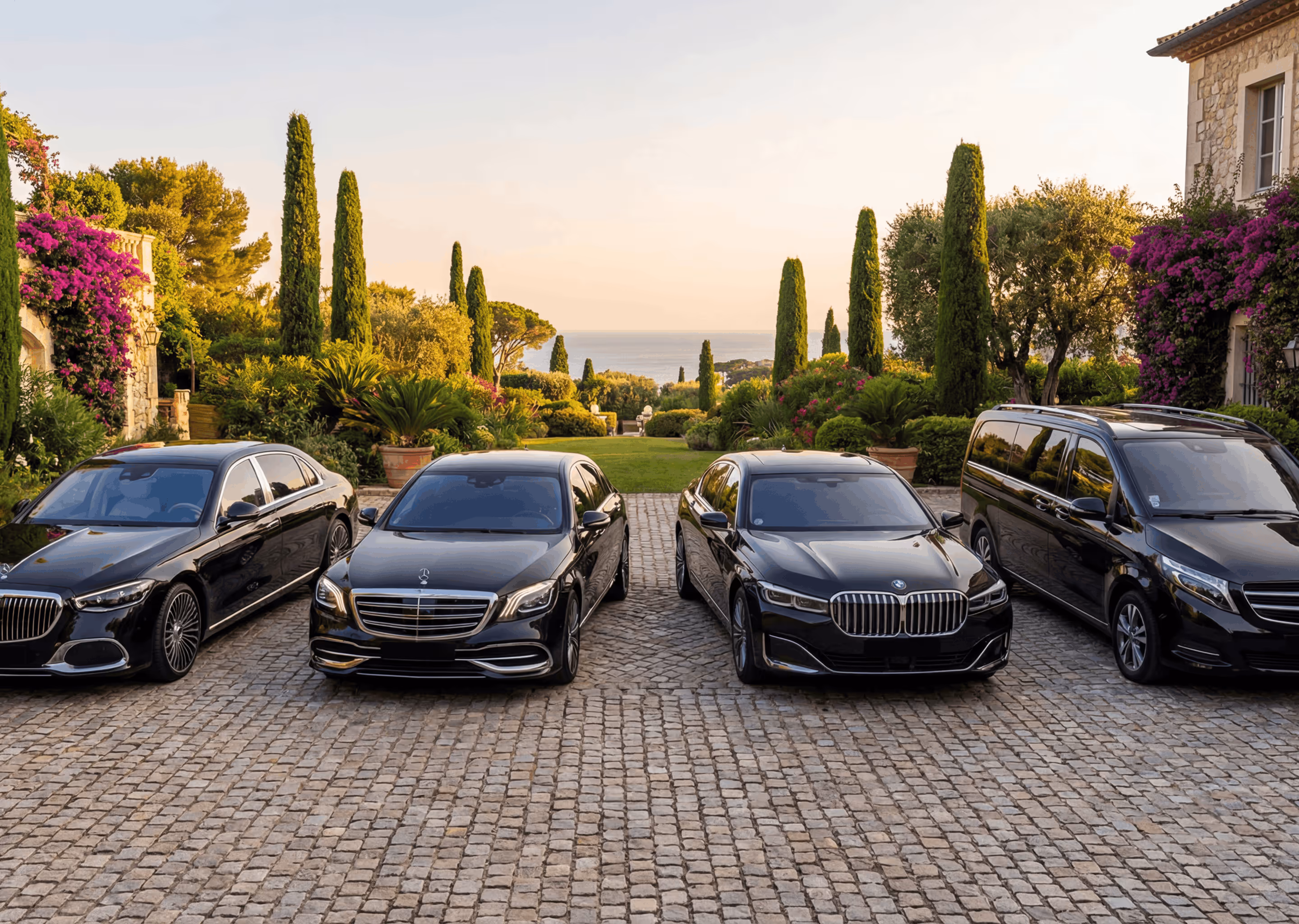 Флот роскошных черных седанов компании Monaco Royal Limousines на фоне усадьбы с цветущими садами и кипарисами — услуги частного водителя высшего класса