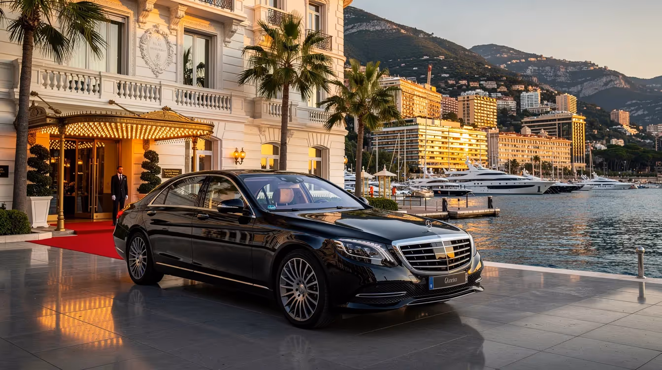 Роскошный седан Mercedes припаркован перед роскошным отелем в Монако, откуда открывается потрясающий вид на яхтенную пристань. Эта элегантная обстановка в Монако символизирует изысканность и услуги личного водителя, что идеально подходит для деловой поездки на Лазурный берег.
