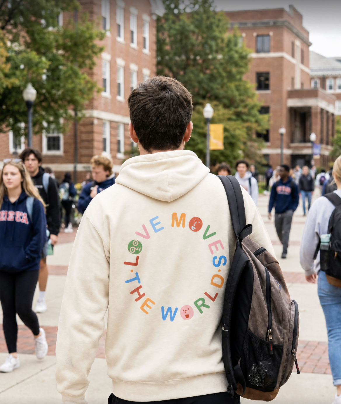 Love Moves the World sweatshirt - front and back view