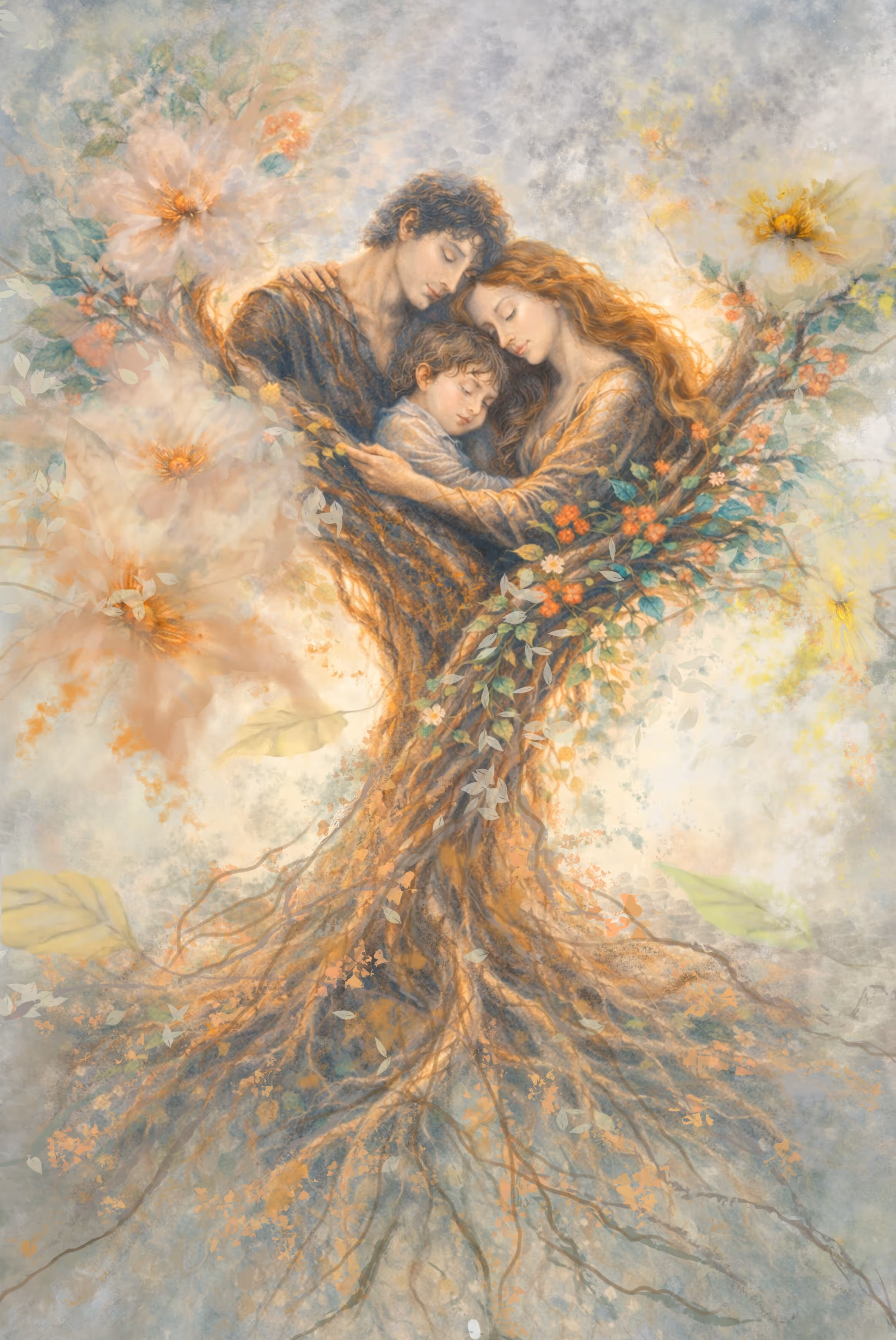 Dreamlike painting of a family of three embraced as part of a tree with roots and flowers, symbolizing unity and nature.