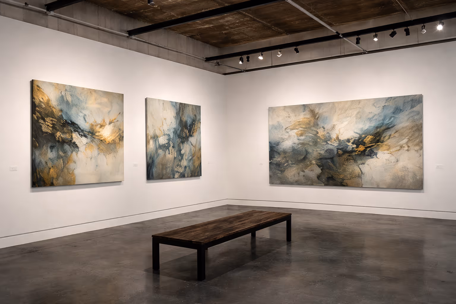 Modern art gallery corner with three abstract paintings featuring blue, gold, and beige tones, and a wooden bench in the center.