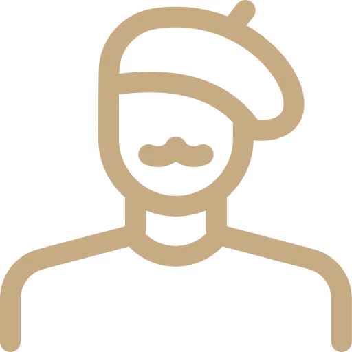 Icon of a person wearing a beret and a mustache, depicted in beige lines.