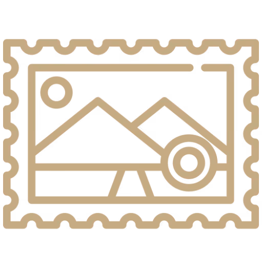 Icon of a postage stamp with mountains, sun, and a circular design element inside.