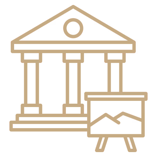 Icon of a classical building with columns next to a presentation easel displaying a mountain landscape.