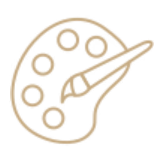 Artist palette with paint dabs and a paintbrush resting on it, icon in beige line art.