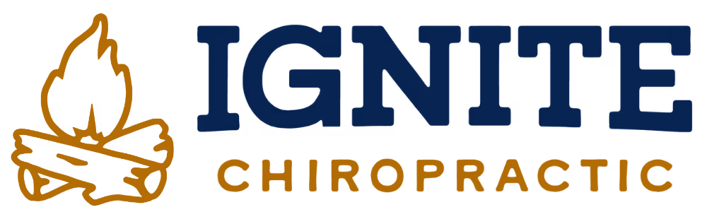 Logo with stylized campfire icon next to bold text 'IGNITE' and smaller text 'CHIROPRACTIC'.