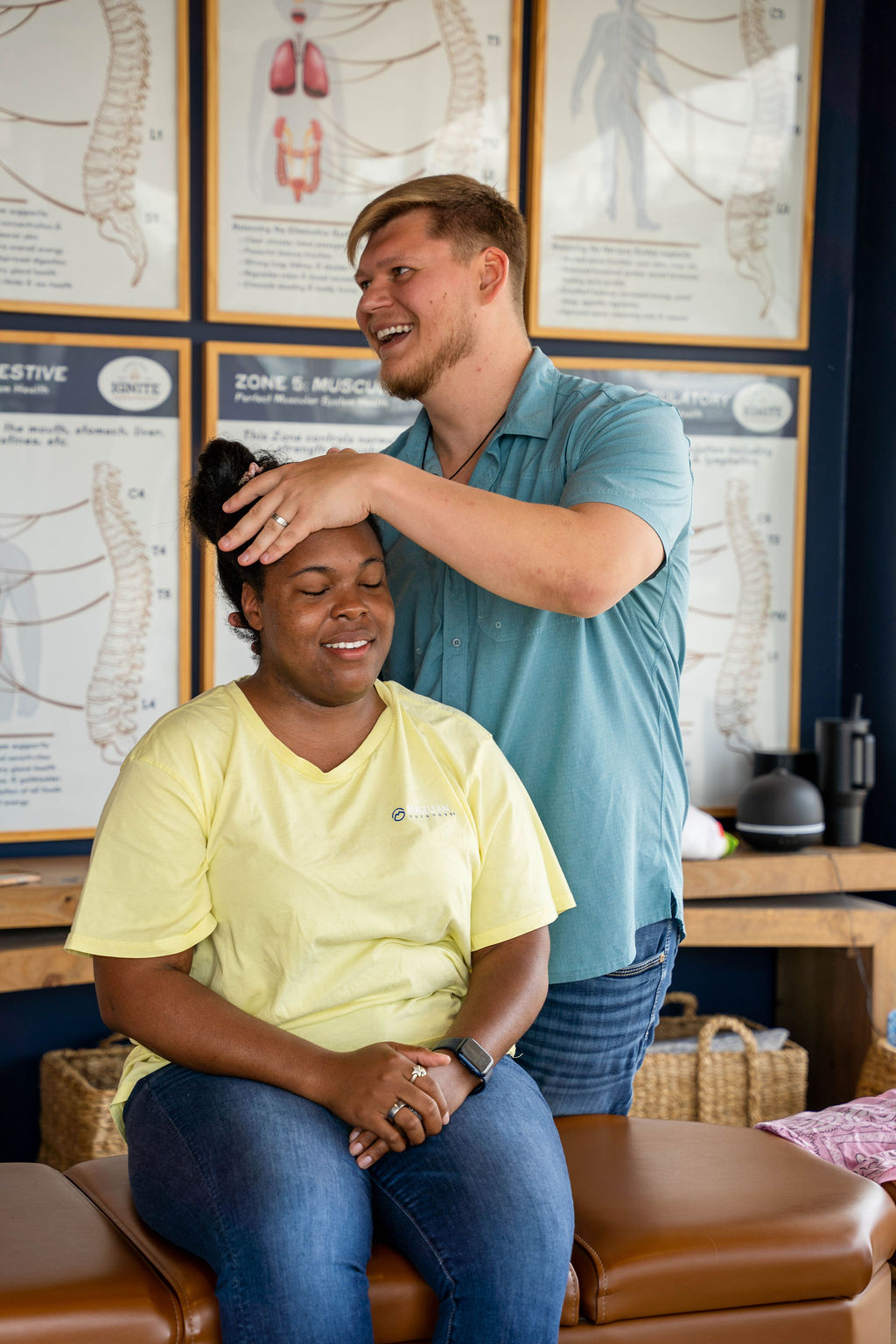 A woman enjoying her adjustment at a chiropractor near Haslet, TX.