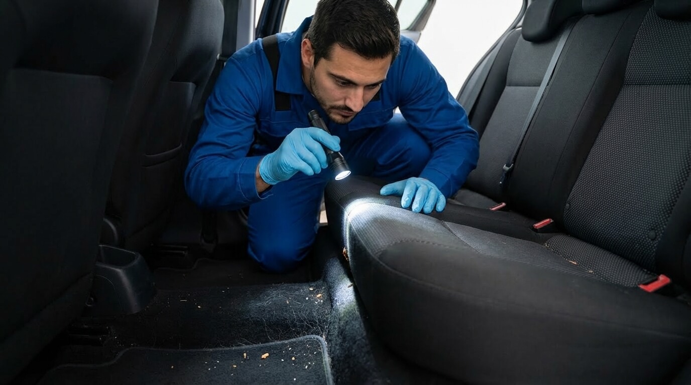 Bed bug inspection inside a car.