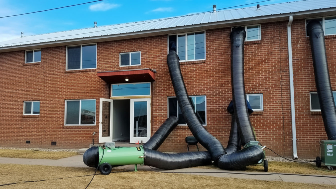 Professional bed bug heat treatment equipment set up in a bedroom